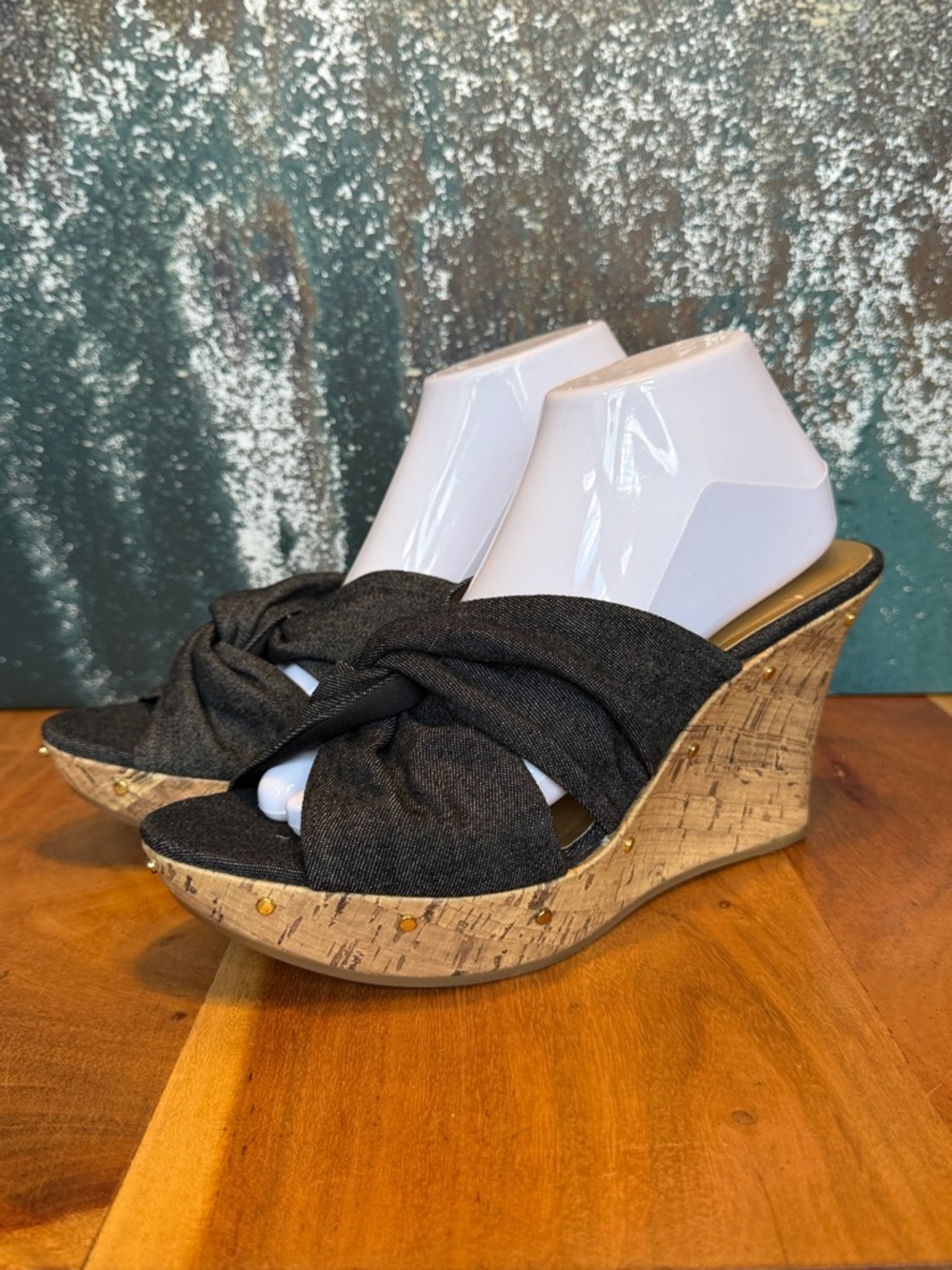 Dana Buchman 2010s‎ Classic Black Denim Cork Wedge Sandals (GUC)